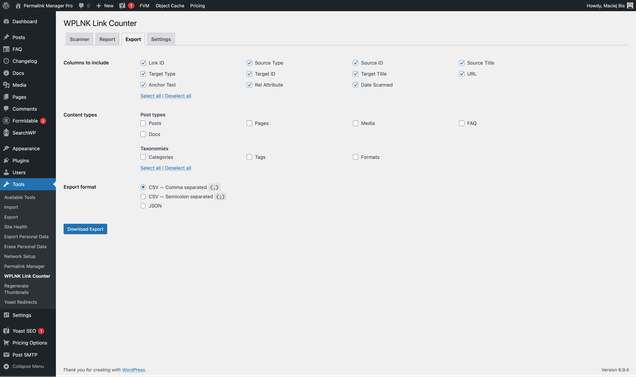 Export screen showing CSV and JSON export options with column and content type selectors