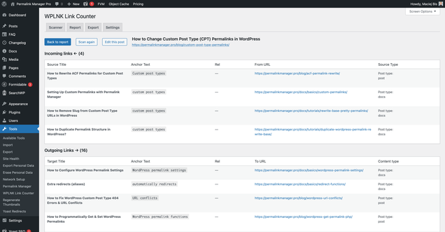 Report screen showing incoming and outgoing links tables with anchor text and URL details