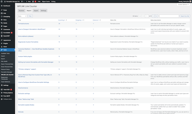 A report table showing all scanned content with incoming, outgoing, and external link counts per post/term.